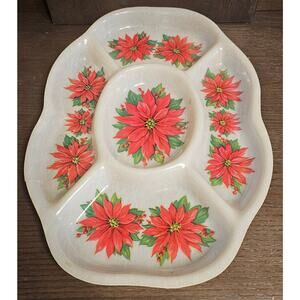 Vintage MCM Retro Christmas Poinsettia Serving Divided Platter Tray  18"